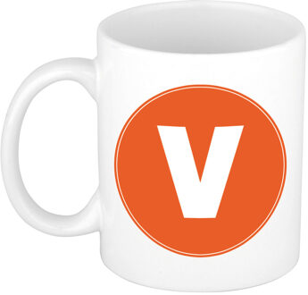 Bellatio Decorations Koffie mok met de letter V - beker - oranje - eerste letter van een voornaam - wit - 300 ml