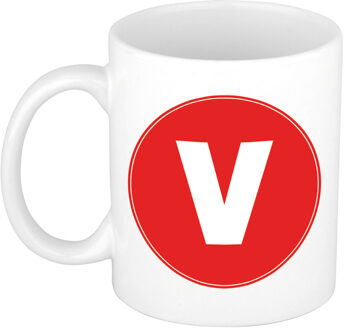 Bellatio Decorations Koffie mok met de letter V - beker - rood - eerste letter van een voornaam - wit - 300 ml