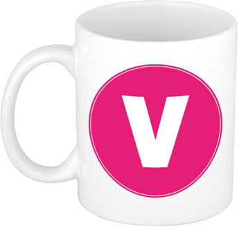 Bellatio Decorations Koffie mok met de letter V - beker - roze - eerste letter van een voornaam - wit - 300 ml