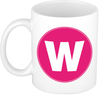 Bellatio Decorations Koffie mok met de letter W - beker - roze - eerste letter van een voornaam - wit - 300 ml