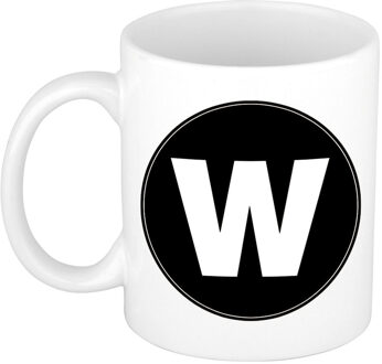 Bellatio Decorations Koffie mok met de letter W - beker - zwart - eerste letter van een voornaam - wit - 300 ml