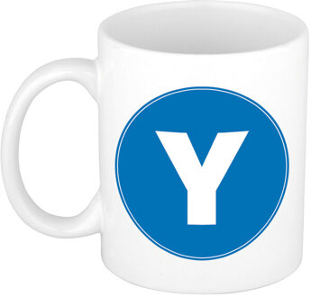 Bellatio Decorations Koffie mok met de letter Y - beker - blauw - eerste letter van een voornaam - wit - 300 ml