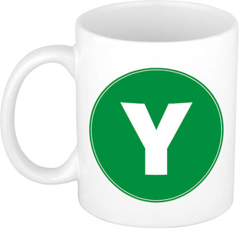 Bellatio Decorations Koffie mok met de letter Y - beker - groen - eerste letter van een voornaam - wit - 300 ml