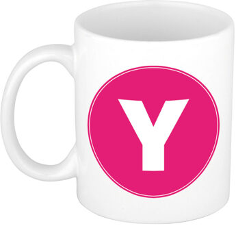 Bellatio Decorations Koffie mok met de letter Y - beker - roze - eerste letter van een voornaam - wit - 300 ml
