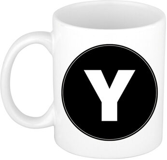 Bellatio Decorations Koffie mok met de letter Y - beker - zwart - eerste letter van een voornaam - wit - 300 ml