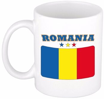 Bellatio Decorations Koffie mok - Roemenie - vlag print - 300 ml - wit - keramiek - Supporters - Landen - Beker Multi
