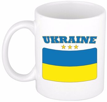 Bellatio Decorations Koffiemok - drink beker vlag Oekraine - Oekraiense kleuren en tekst - wit - 300 ml Blauw