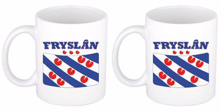 Bellatio Decorations Koffiemok / drinkbeker met Friese vlag - Set van 2x stuks - Friesland - wit - 300 ml