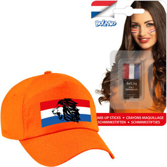 Bellatio Decorations Koningsdag en supporters feest petje/cap - oranje - Holland - Met vlag schminkstift