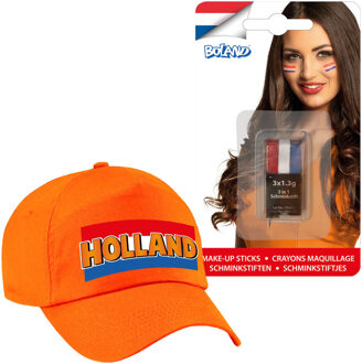 Bellatio Decorations Koningsdag en supporters feest petje - oranje - Holland - Met vlag schminkstift