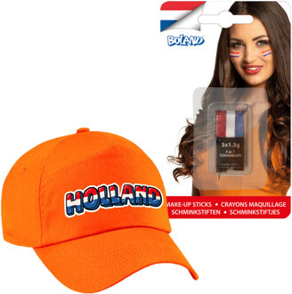 Bellatio Decorations Koningsdag en supporters feest petje - oranje - Holland - Met vlag schminkstift
