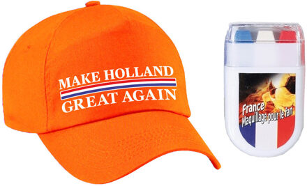 Bellatio Decorations Koningsdag en supporters feest petje - oranje - Make Holland Great Again - Met vlag schminkstift