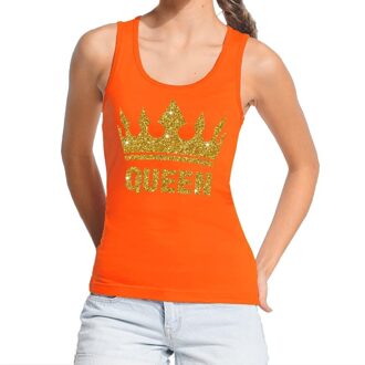 Bellatio Decorations Koningsdag Queen topje/shirt oranje met gouden glitters dames L - Feestshirts