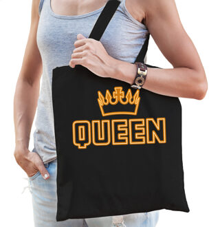 Bellatio Decorations Koningsdag shopper - queen - zwart - 42 x 38 cm - katoen - Feest Boodschappentassen