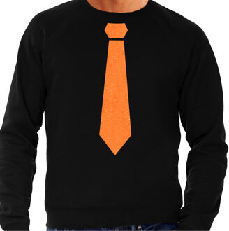 Bellatio Decorations Koningsdag sweater heren - stropdas - zwart - glitters - oranje feestkleding 2XL