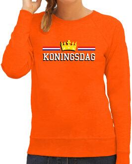 Bellatio Decorations Koningsdag sweater met gouden kroon oranje voor dames - Koningsdag truien 2XL - Feesttruien