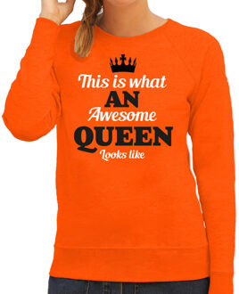 Bellatio Decorations Koningsdag sweater voor dames - awesome Queen - oranje - oranje feestkleding M