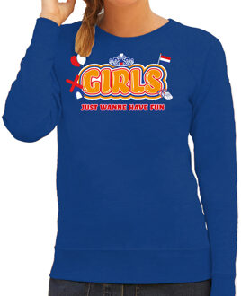 Bellatio Decorations Koningsdag sweater voor dames - girls just wanna have fun - blauw - oranje feestkleding S