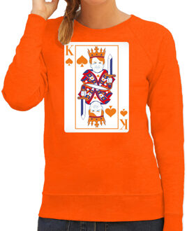 Bellatio Decorations Koningsdag sweater voor dames - kaarten koning - oranje - feestkleding L
