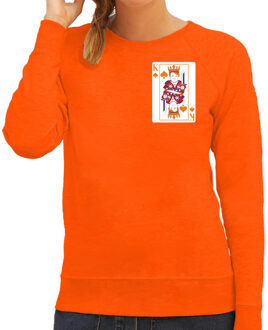 Bellatio Decorations Koningsdag sweater voor dames - kaarten koning - oranje - feestkleding XS