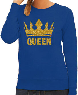 Bellatio Decorations Koningsdag Sweater voor dames - Queen - glitter goud - blauw - feestkleding XL