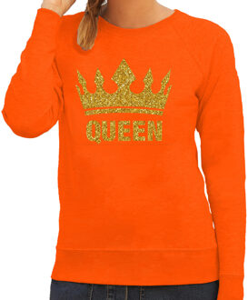 Bellatio Decorations Koningsdag Sweater voor dames - Queen - glitter goud - oranje - feestkleding L
