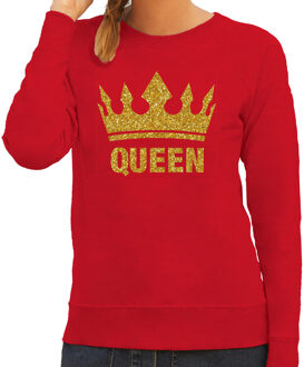 Bellatio Decorations Koningsdag Sweater voor dames - Queen - glitter goud - rood - feestkleding XL