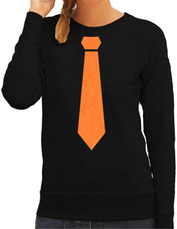 Bellatio Decorations Koningsdag sweater voor dames - stropdas - zwart - met glitters - oranje feestkleding