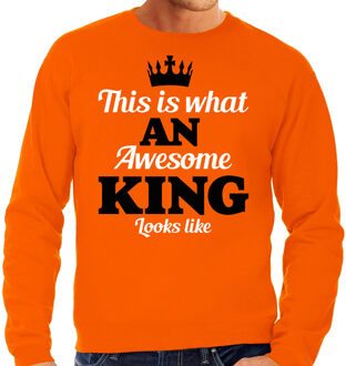 Bellatio Decorations Koningsdag sweater voor heren - awesome King - oranje - feestkleding XL