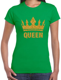 Bellatio Decorations Koningsdag T-shirt voor dames - Queen - glitter goud - groen - feestkleding S