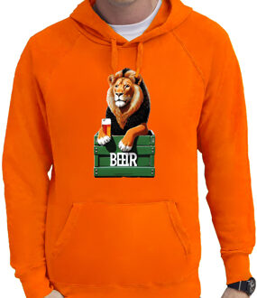 Bellatio Decorations Koningsdag verkleed hoodie heren - leeuw - bier drinken - oranje 2XL