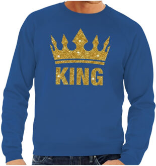 Bellatio Decorations Koningsdag verkleed sweater heren - blauw - King - glitter goud - kroon L