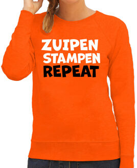 Bellatio Decorations Koningsdag verkleed sweater - zuipen stampen repeat - oranje - dames L