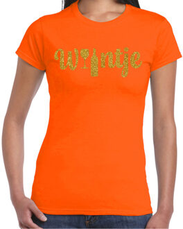 Bellatio Decorations Koningsdag verkleed t-shirt dames - wijntje - met fles en glas - glitter goud - oranje 2XL