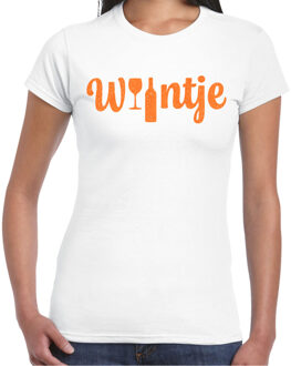 Bellatio Decorations Koningsdag verkleed t-shirt dames - wijntje - met fles en glas - glitter oranje - wit 2XL