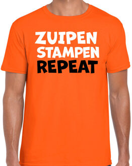 Bellatio Decorations Koningsdag verkleed t-shirt heren - zuipen stampen repeat - oranje XL