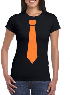 Bellatio Decorations Koningsdag verkleed T-shirt voor dames - stropdas - zwart - met glitters - feestkleding M