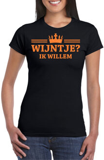 Bellatio Decorations Koningsdag verkleed T-shirt voor dames - Wijntje - zwart - met glitters - feestkleding M