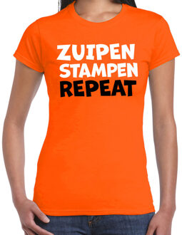 Bellatio Decorations Koningsdag verkleed t-shirt - zuipen stampen repeat - oranje - dames XL