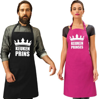 Bellatio Decorations Koppel cadeau set: 1x Keuken prins keukenschort zwart heren + 1x Keuken prinses roze dames