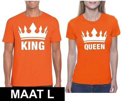 Bellatio Decorations Koppel shirts Koningsdag King & Queen oranje dames en heren maat L - Feestshirts