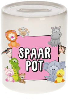 Bellatio Decorations Kraam/verjaardags cadeau spaarpot - roze - dieren print - keramiek - Spaarpotten