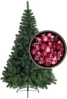 Bellatio Decorations kunst kerstboom 120 cm met kerstballen fuchsia roze - Kunstkerstboom Groen