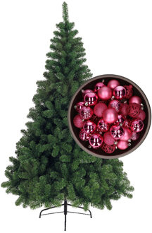 Bellatio Decorations kunst kerstboom 150 cm met kerstballen fuchsia roze - Kunstkerstboom Groen