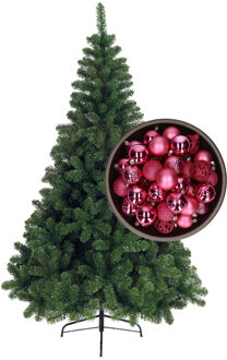 Bellatio Decorations kunst kerstboom 180 cm met kerstballen fuchsia roze - Kunstkerstboom Groen