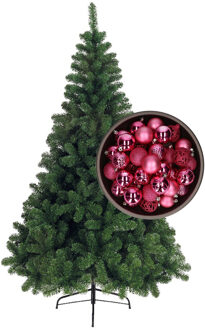 Bellatio Decorations kunst kerstboom 210 cm met kerstballen fuchsia roze - Kunstkerstboom Groen