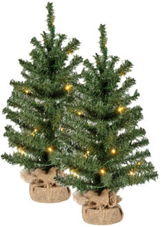 Bellatio Decorations kunst kerstboom - 2x - H60 cm - met kerstverlichting - kunstboom