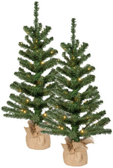 Bellatio Decorations Kunst kerstboom - 2x - H75 cm - met kerstverlichting - kleine kunstboom