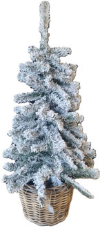Bellatio Decorations Kunst kerstboom - besneeuwd - H90 cm - in rotan mand - D27 x H 20 cm - kunstboom
