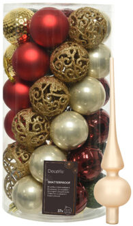 Bellatio Decorations Kunststof kerstballen 37x- rood/goud/parel/groen - 6cm -en glazen piek - Kerstbal Champagnekleurig